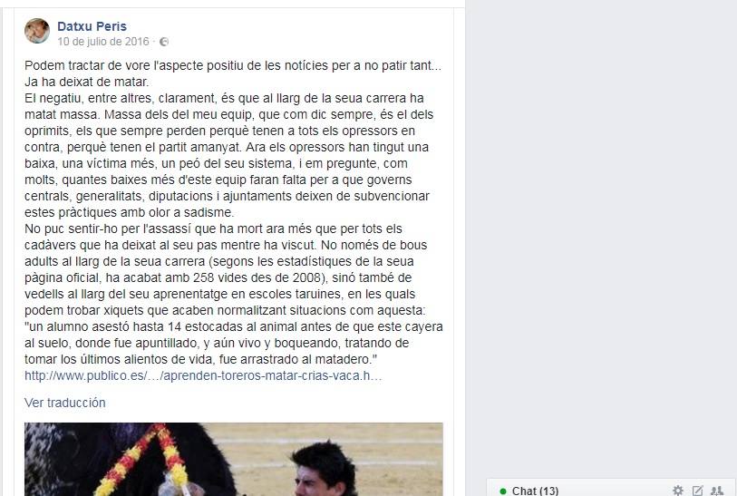 Comentario de Datxu Peris en Facebook el 10 de julio de 2016 objeto de la demanda. 