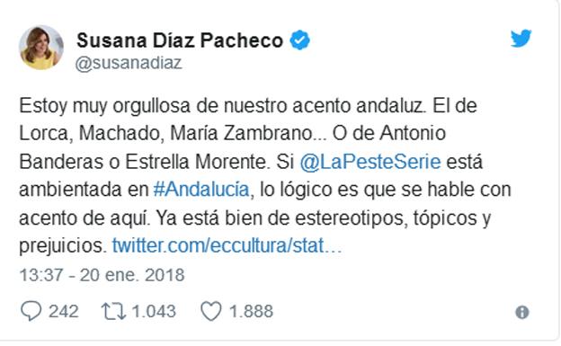 El tuit publicado por la presidente de la Junta de Andalucía. 