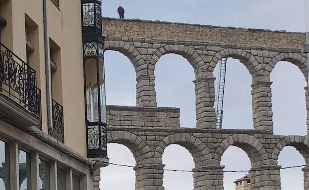 El hombre, encarmado en la parte más alta del Acueducto. El Norte