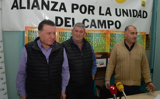 El representante de COAG, Domingo Delgado (I), el secretario general de UPA, Lorenzo Ramos, y el representante de Alianza por la unidad del Campo, Gabriel Delgado Lara (D)