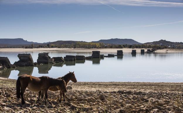 Cuando el embalse está casi vacío aún se ven los pilares del puente