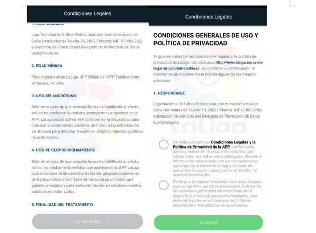 Condiciones que pide aceptar la APP.