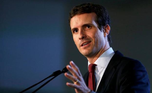 Pablo Casado durante la rueda de prensa ofrecida en Barcelona. 