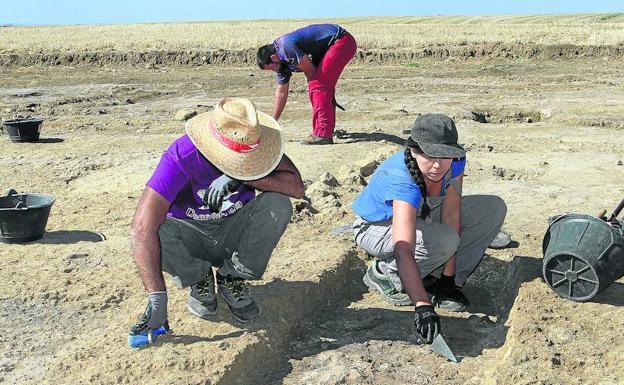 Estudiantes de arqueología, en una de las parcelas del yacimiento de Dessobriga.