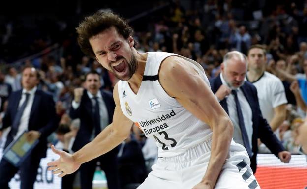 Sergio Llull celebra una canasta con el Real Madrid. 