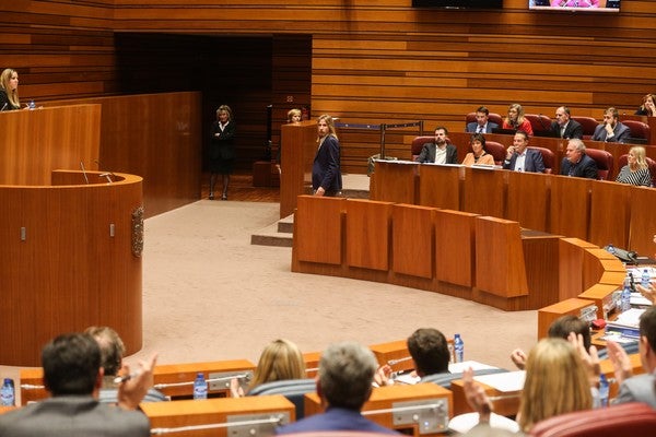 Momento en el que el portavoz del Grupo Podemos en las Cortes, Pablo Fernández Santos abandona el hemiciclo. 