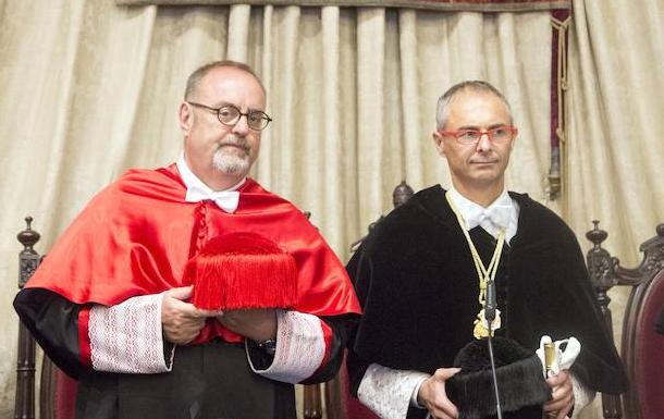 Fernando Rey y Ricardo Rivero, en un acto en la Universidad de Salamanca.