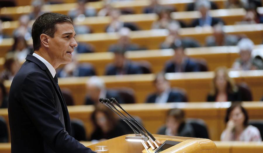 El presidente del Gobierno, Pedro Sánchez, durante su intervención en el pleno en el Senado.