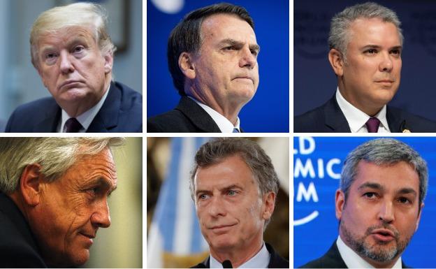 Arriba. Trump (EE UU); Bolsonaro (Brasil) y Duque (Colombia). Abajo. Piñera (Chile); Macri (Argentina) y Mario Abdo (Paraguay).