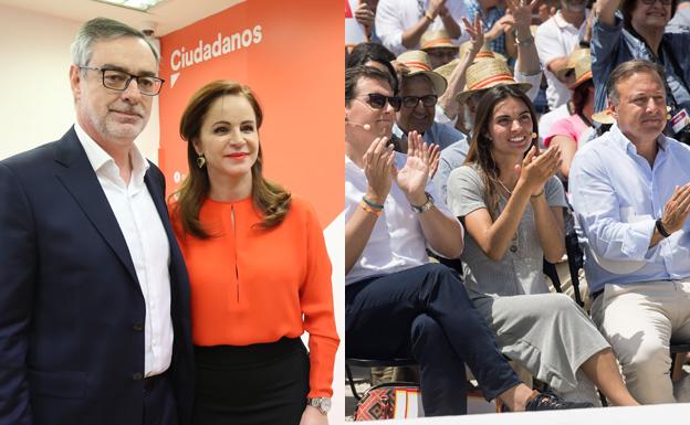 Silvia Clemente junto con el secretario general de Ciudadanos, José Manuel Villegas; y Joan Mesquida (derecha) en un acto público de Ciudadanos con Albert Rivera y Margarita Alba.