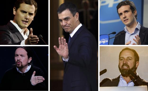 Albert Rivera, Pablo Iglesias, Pedro Sánchez, Pablo Casado y Santiago Abascal. 