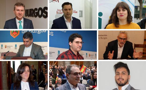 Los nueve candidatos a la Alcaldía de Burgos. De izquierda a derecha y de arriba a abajo: Javier Lacalle (PP), Daniel de la Rosa (PSOE), Eugenia Sáez (Imagina), Vicente Marañón (Cs), Raúl Salinero (Podemos), Marco Antonio Manjón (Vecinos), Ángel Martín (Vox) y Román Rodríguez (P-Lib).