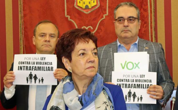 Los concejales de Vox han mostrado unos carteles a favor de la Ley contra la Violencia Intrafamiliar durante el minuto de silencio por las víctimas de la violencia de género