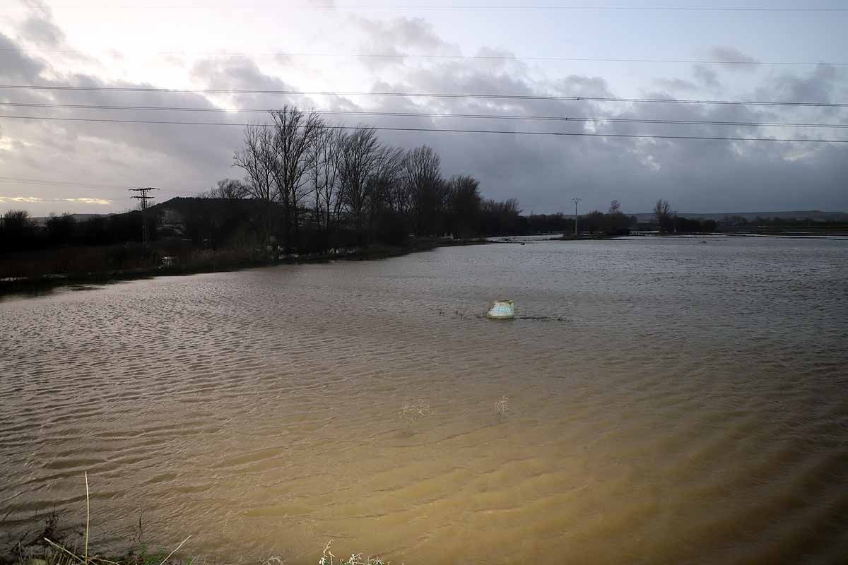 El río Ubierna ha anegado la carretera CL-629 a su llegada a Sotopalacios. El sábado un carril permanecía cortado.