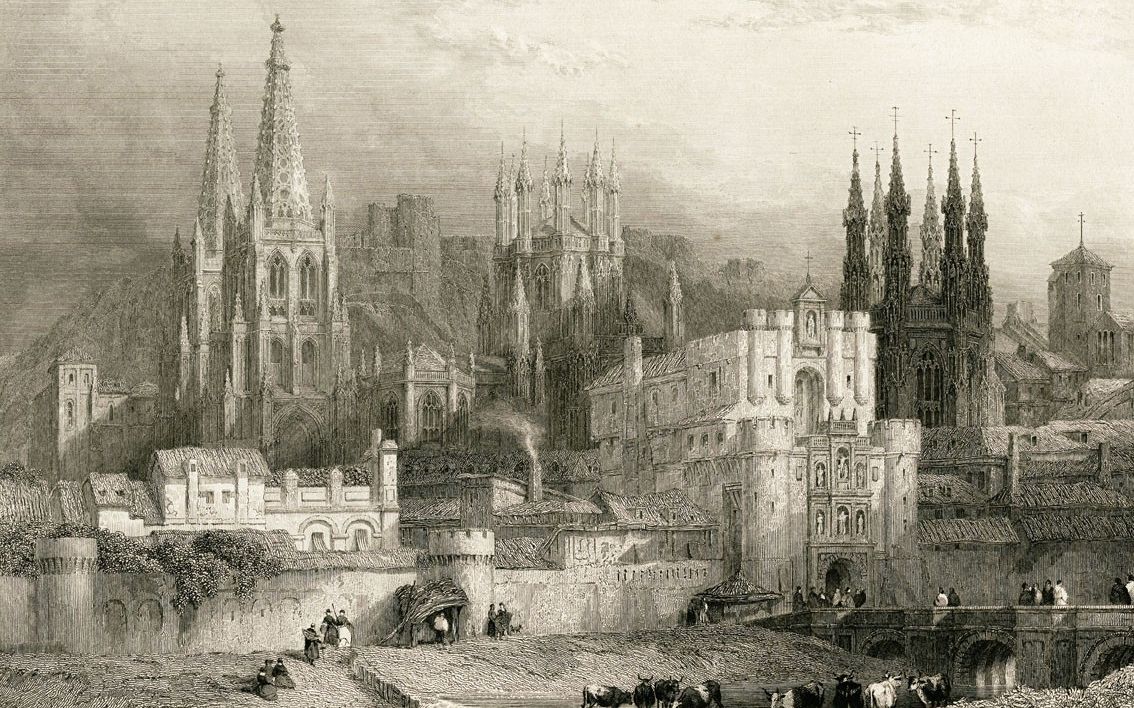 Grabado medieval en el que se aprecia una panorámica de la ciudad desde el sur, con el Arco de Santa María y un tramo de la antigua muralla en primer término.