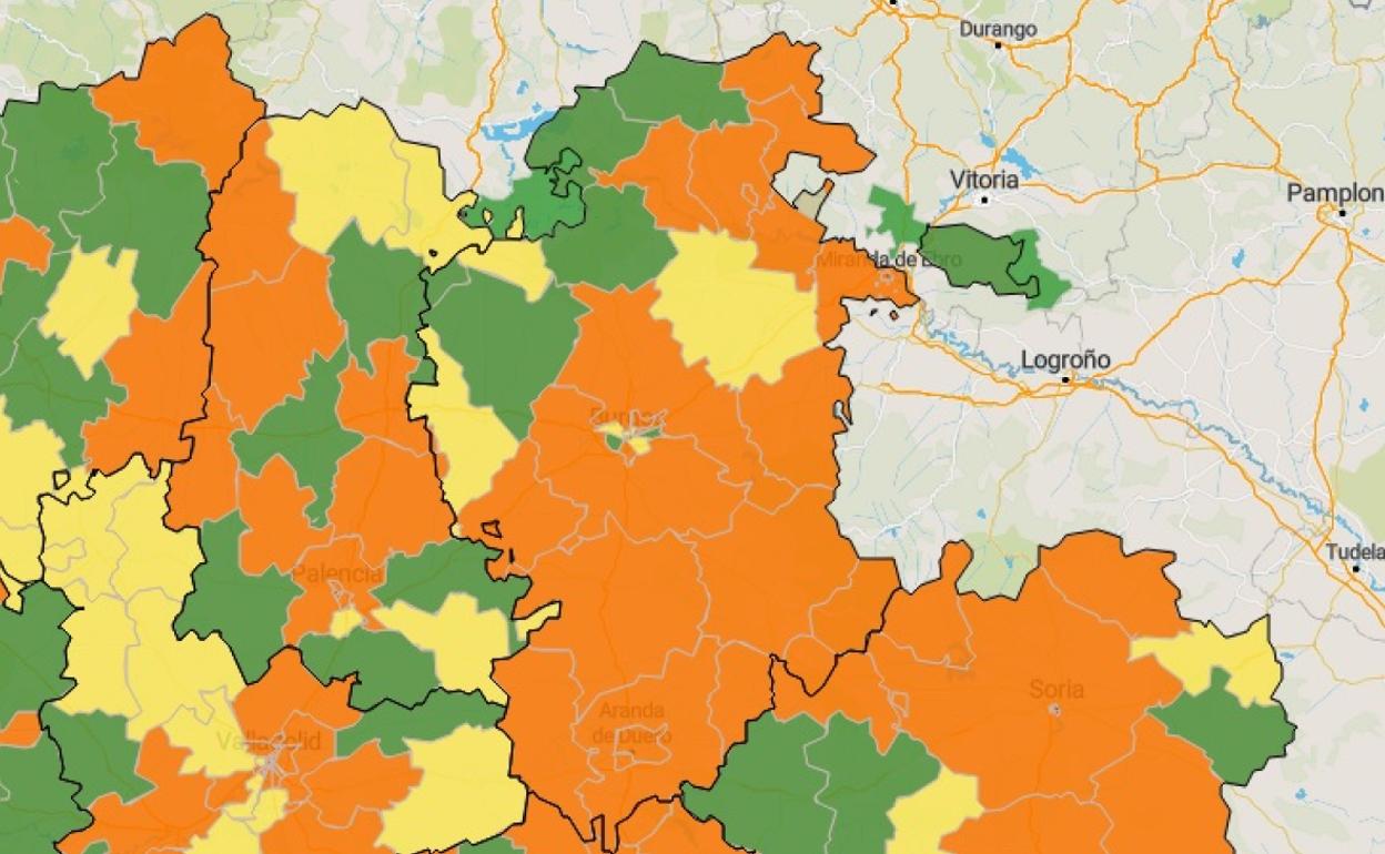 Mapa elaborado a través de los datos de la Consejería de Sanidad según la tasa de PCR positivos por cada 10.000 tarjetas sanitarias por zona básica de salud. 