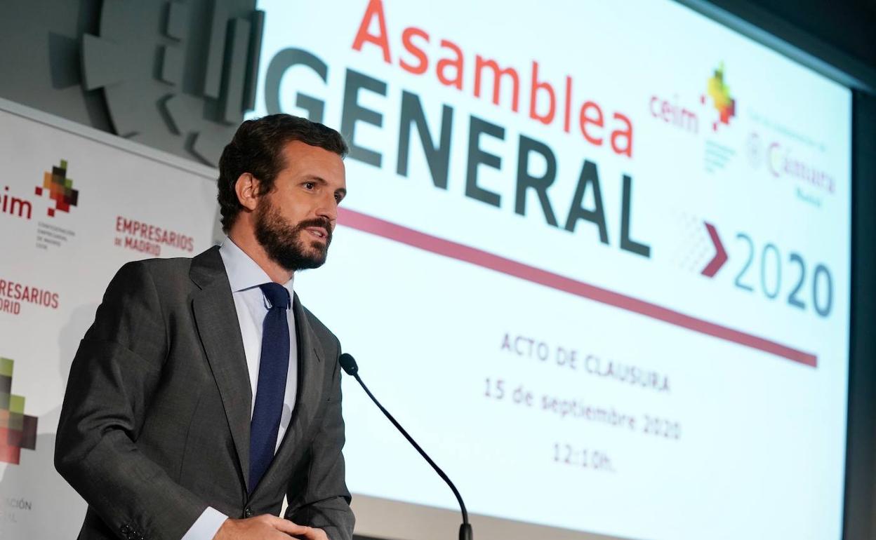 Casado, este martes, en la clausura de la Asamblea General de la CEIM. 