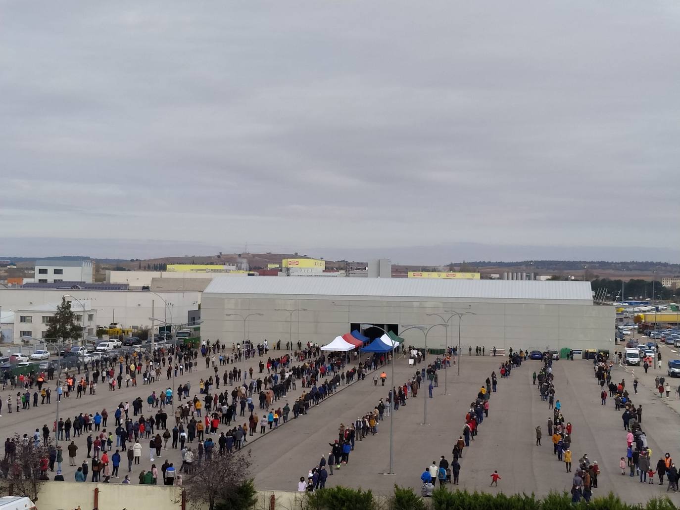 Colas a la entrada del recinto ferial de Aranda donde se realizan los test masivos de detección de la covid-19. 