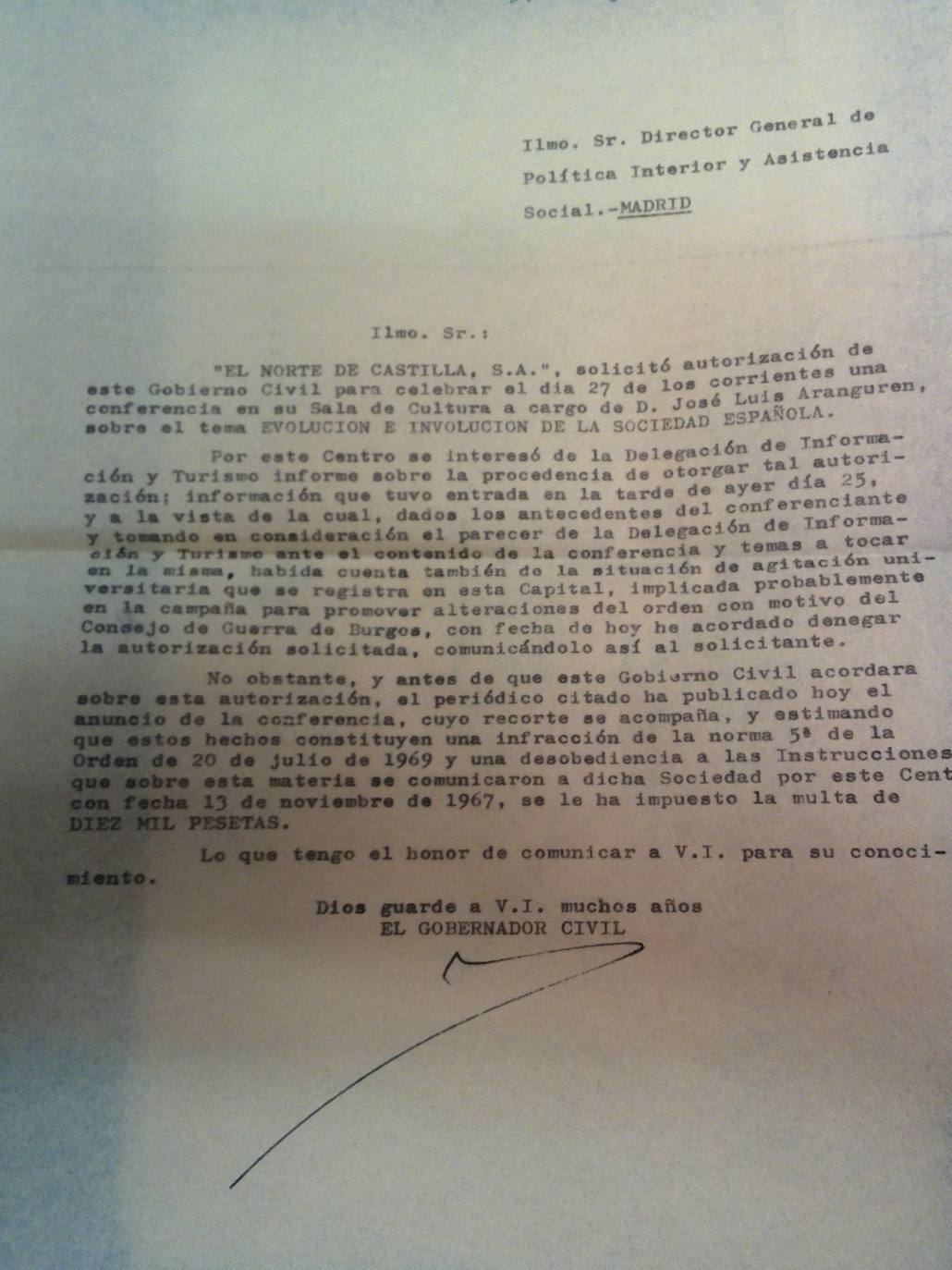 Multa de 10.000 pesetas a El Norte de Castilla por la publicación del anuncio de una conferencia que no llegó a celebrarse y que podía estar implicada en "la campaña para promover alteraciones del orden con motivo del Proceso de Burgos".