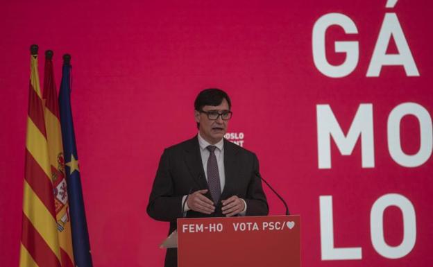 El candidato del PSC a la Presidencia de la Generalitat, Salvador Illa, durante un acto telemático del PSC en Barcelona 