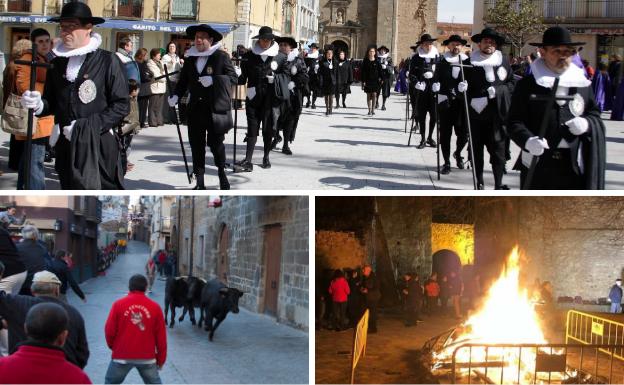 Arriba, procesión de la cofradía de la Vera Cruz, a cuyos miembros se les conoce como 'felipecuartos' por la inspiración real de su atuendo. Debajo, encierro por las calles y hoguera de la Virgen de los Desamparados.