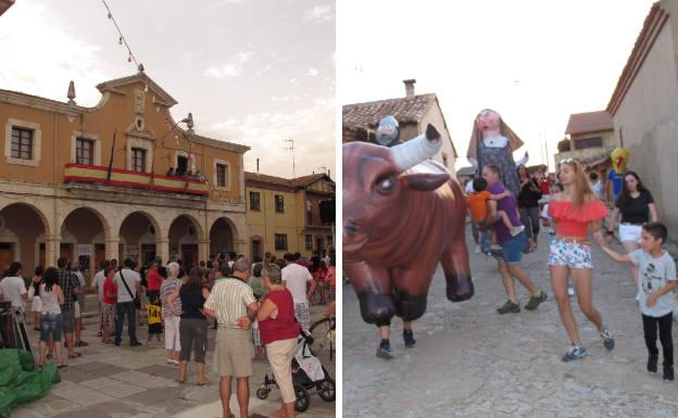 La Plaza Mayor durante el pregón de las fiestas de agosto en honor a Santa Águeda y una de las actividades infantiles de las que disfrutan los más pequeños. 