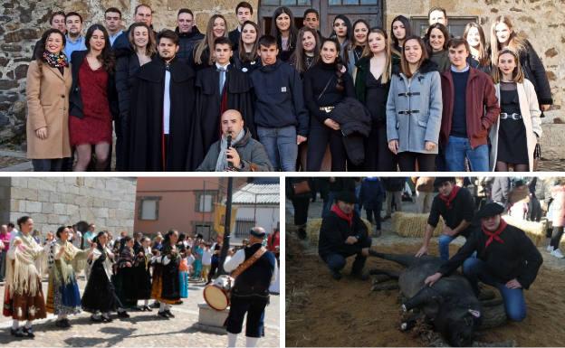 Arriba, jóvenes en la Fiesta de Mozos con los dos alcaldes vistiendo capa española. Debajo, bailes en el ofertorio al patrón San Juan Bautista y jornada festiva en torno a la matanza del cerdo.