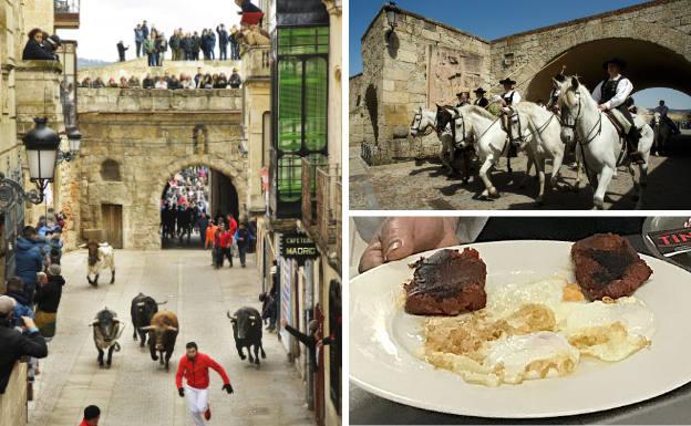 A la izquierda, uno de los encierros del Carnaval del Toro. Al lado, jinetes ataviados con los trajes charros y huevos fritos con farinato.