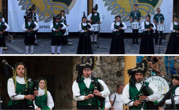 Arriba, la banda de gaitas local en el Festival Folk & Rock Nas Portelas de Lubián. Debajo, durante otra actuación.