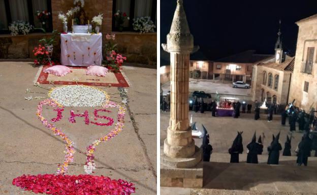 Altar del Corpus, con una alfombra de pétalos de rosa, y procesión de Semana Santa.