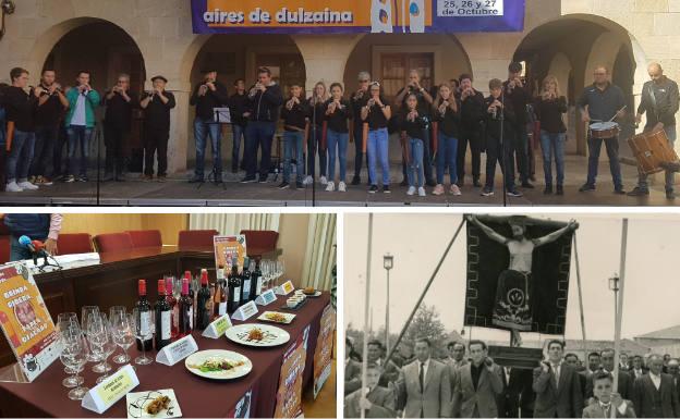 Dulzaineros en plena actuación durante la cita que les reúne cada dos años, manjares y vinos de las jornadas gastronómicas Tapea Ojalado, Bebe Ribera y procesión del Día de la Concordia de 1959.