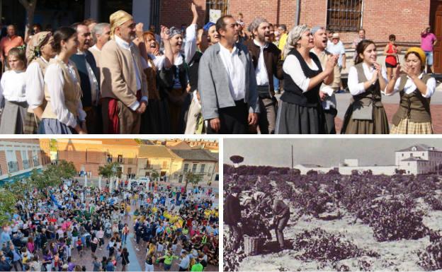 Arriba, vecinos con trajes de época durante la teatralización de la Guerra de la Independencia. Debajo, peñistas en la Plaza Mayor e imagen antigua de la vendimia con el Colegio de los Escoceses al fondo.