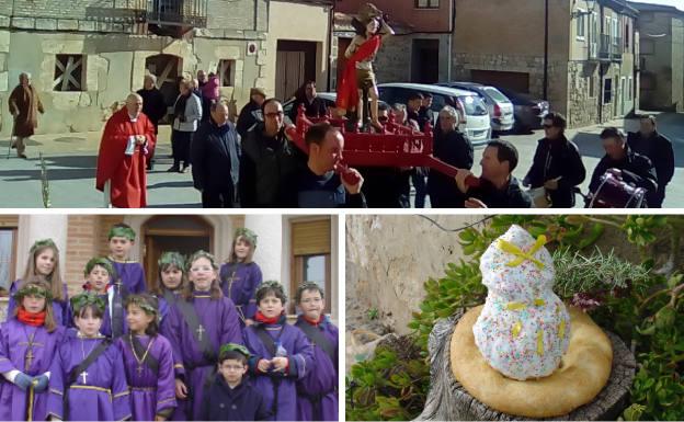 Arriba, procesión de San Sebastián. Debajo, Los Discípulos de Quintana del Pidio el día de Viernes Santo y una de las sabrosas y típicas pajarillas.