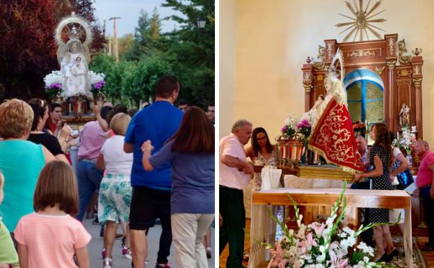 A la izquierda, bailes ante la Virgen durante la procesión, una danza que no cesa durante las dos horas que dura el recorrido. Al lado la imagen, engalanada, durante sus días grandes.