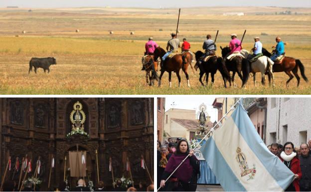 Arriba, un grupo de caballistas observa los movimientos del toro. Debajo, escenificación del Voto a la Inmaculada Concepción y bandera de la Virgen que precede a la imagen durante la procesión en su honor.