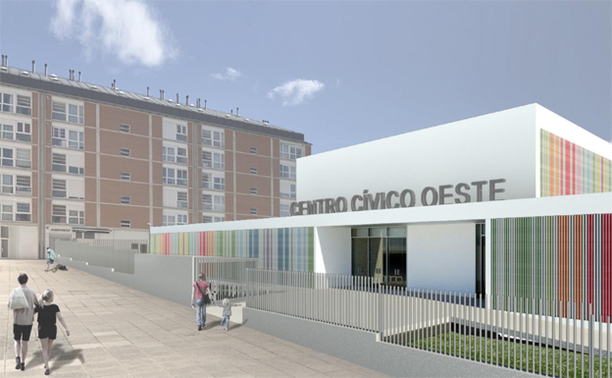 Infografía del futuro Centro Cívico Oeste visto desde la calle Antonio Acuña. 