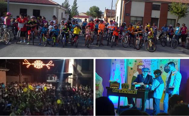 Arriba, marcha cicloturista. Debajo, verbena nocturna durante las fiestas de María Magdalena y cartero real.