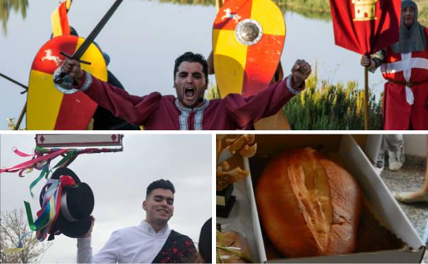 Arriba, recreación del asedio de casi un año que sufrió Castronuño a cargo de los Reyes Católicos. Debajo, un quinto de Castronuño 'echa' los versos sobre su vida a caballo y mollete, dulce típico del pueblo con sabor a anís.