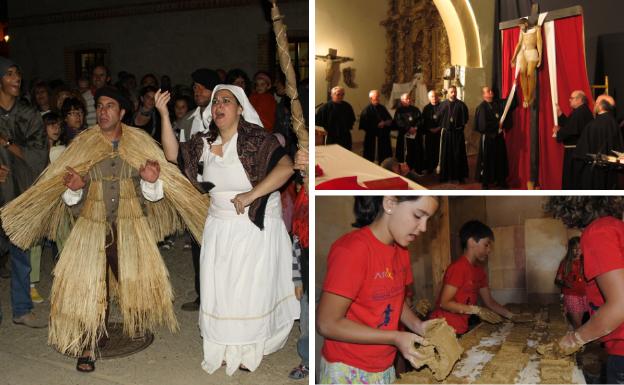 A la izquierda, recreación del Conjuro para espantar las tormentas. Al lado, Ejercicio del Descendimiento de Jesús de la Cruz y taller infantil de elaboración de adobes.