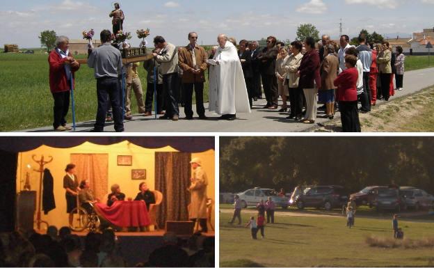 Arriba, bendición de los campos por San Isidro. Debajo, obra teatral representada por vecinos del pueblo y 'correr la tortilla' por San José.