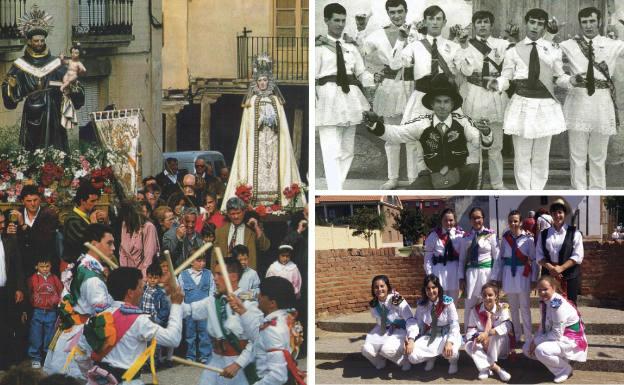 A la izquierda, paloteo ante las imágenes de San Antonio de Padua  y la Virgen. Al lado, danzantes de antaño y el grupo actual.