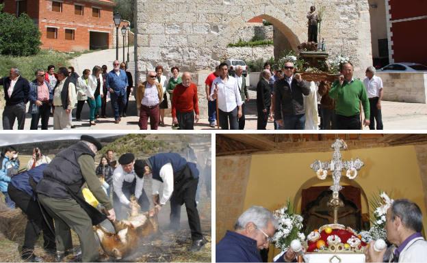 Arriba, procesión de San Isidro. Debajo, chamuscado del cerdo durante las Jornadas de la Matanza y del Vino de la Ribera del Duero del Valle del Cuco y cruz procesional decorada con rosquillas, naranjas, limones y flores con motivo de la fiesta de la Cruz de Mayo.