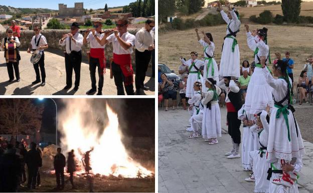 Arriba y a la derecha, grupo de dulzaineros y de danzas Páramo y Otero. Abajo, hoguera de los quintos en Nochevieja.