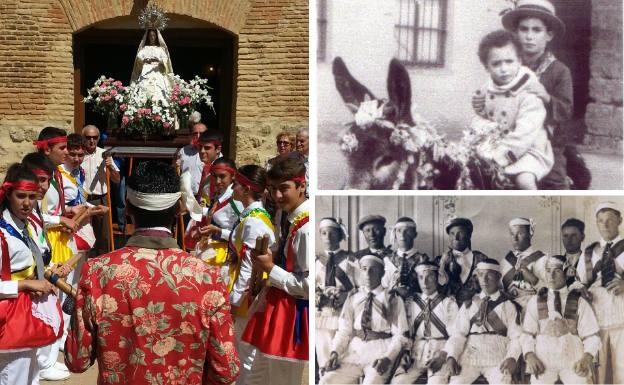 A la izquierda, festividad de San Miguel en Fuentes de Nava, con los danzantes observando al Botarga. Al lado, foto antigua de dos niños a lomos de un burro y danzantes en el año 1920.