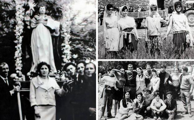 A la izquierda, la procesión de San Vicente Ferrer en el pasado. Al lado, cuatro jóvenes posan sonrientes en una imagen antigua de la romería en honor al patrón y un grupo de vecinos durante la misma jornada campestre.