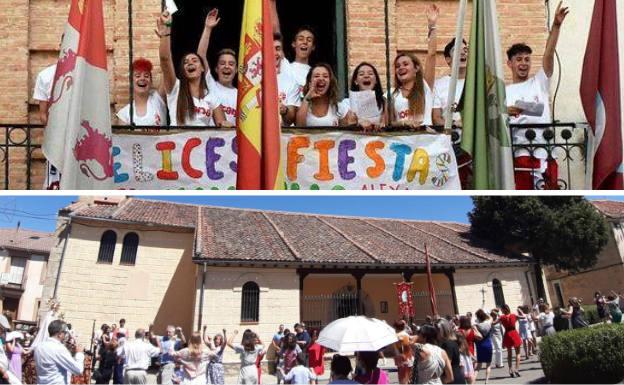 Arriba, los quintos en la balconada del Ayuntamiento. Debajo, procesión de San Roque.