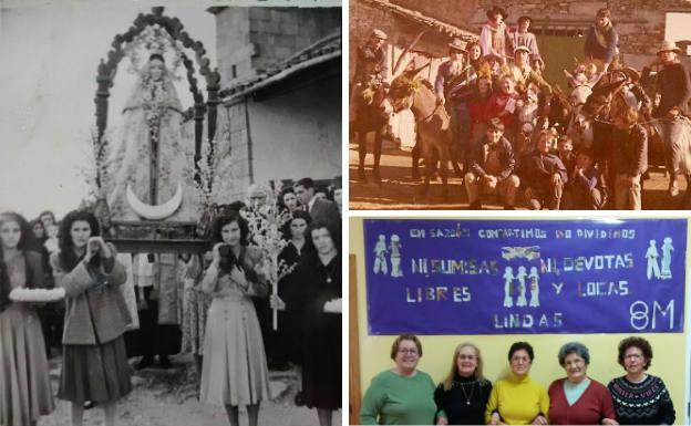 A la izquierda, imagen antigua de la Virgen del Rosario con las cuatro madrinas. Al lado, participantes en la Fiesta del Carnero y mural realizado con motivo del Día de la Mujer por integrantes de la Asociación de Mayores.