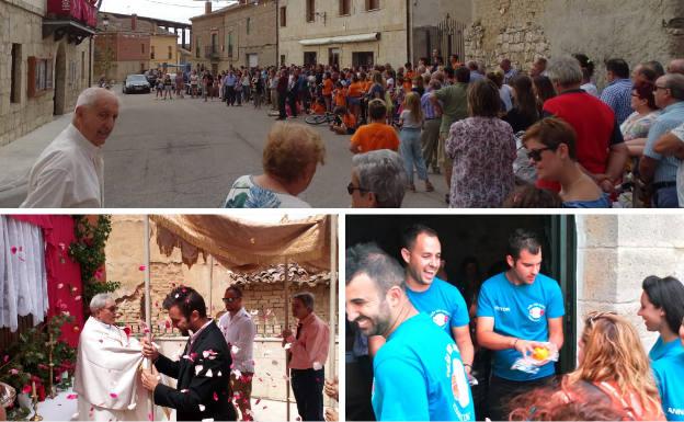 Arriba, público asistente al pregón de la Virgen de los Remedios. Debajo, procesión del Corpus Christi y reparto del pan, el chocolate y las naranjas.