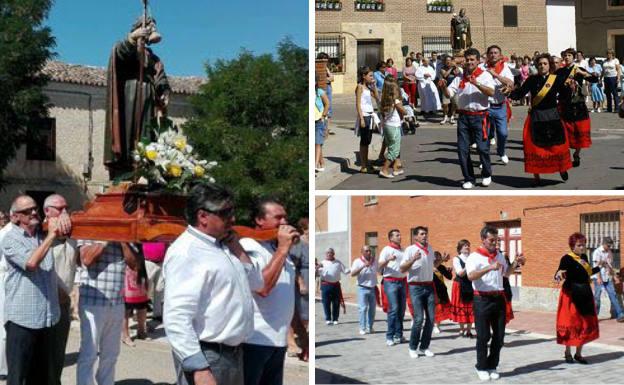 A la izquierda, procesión de San Roque en Melgar de Yuso. Al lado, vecinos y danzantes bailan en su honor.