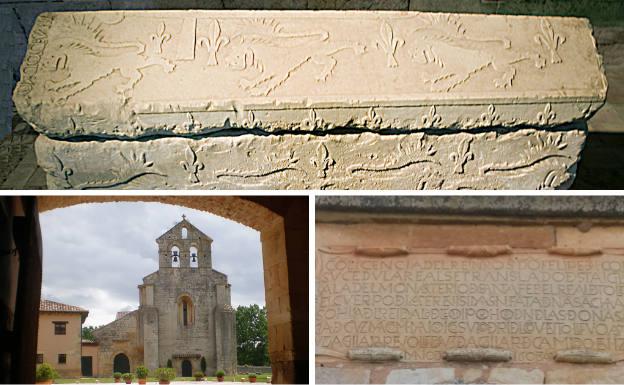 Arriba, sepulcro de doña Sancha, que según la leyenda se quedó en Santa Eufemia después de que los burros que tiraban de su carro pararan delante. Debajo, el convento citado e inscripción sobre su estancia allí.